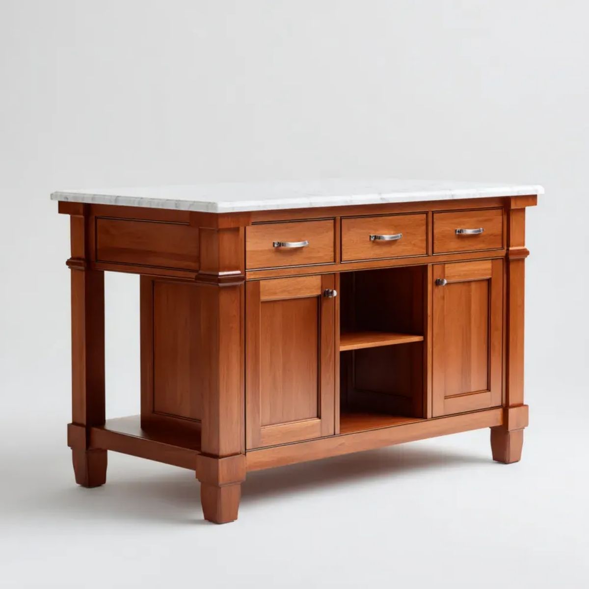 Brązowa drewniana wyspa kuchenna z marmurowym blatem 152 x 76 x 91 cm